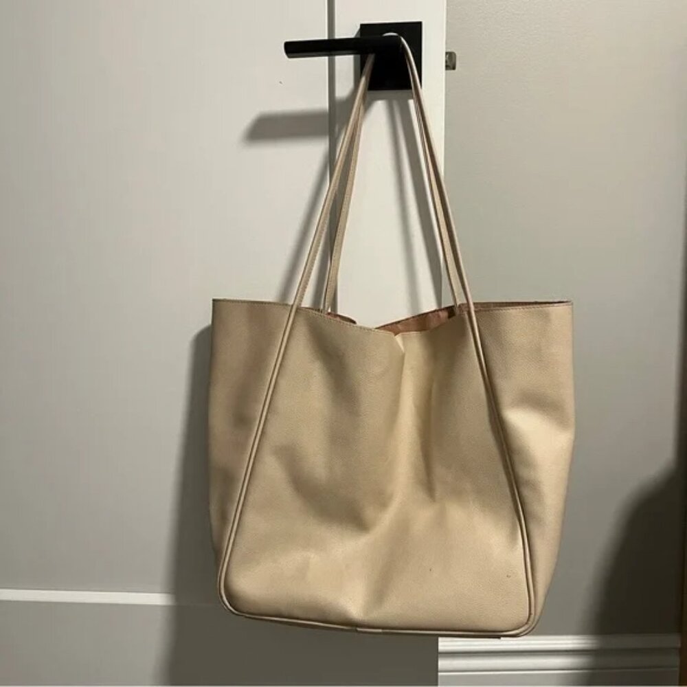 H&M Gray Large Tote Bag Top Handles Blush Pink Lining Work Bag Never Full